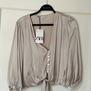 Zara Top Silky feel, pearly buttons, tie at waist, New with tags